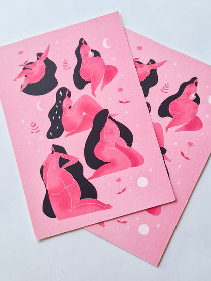 Heavenly Bodies - Pink, 5" x 7" print - Woman Create