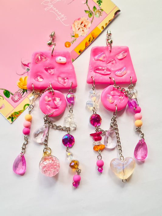 Pink Stone Charms Asymmetrical earrings - Woman Create